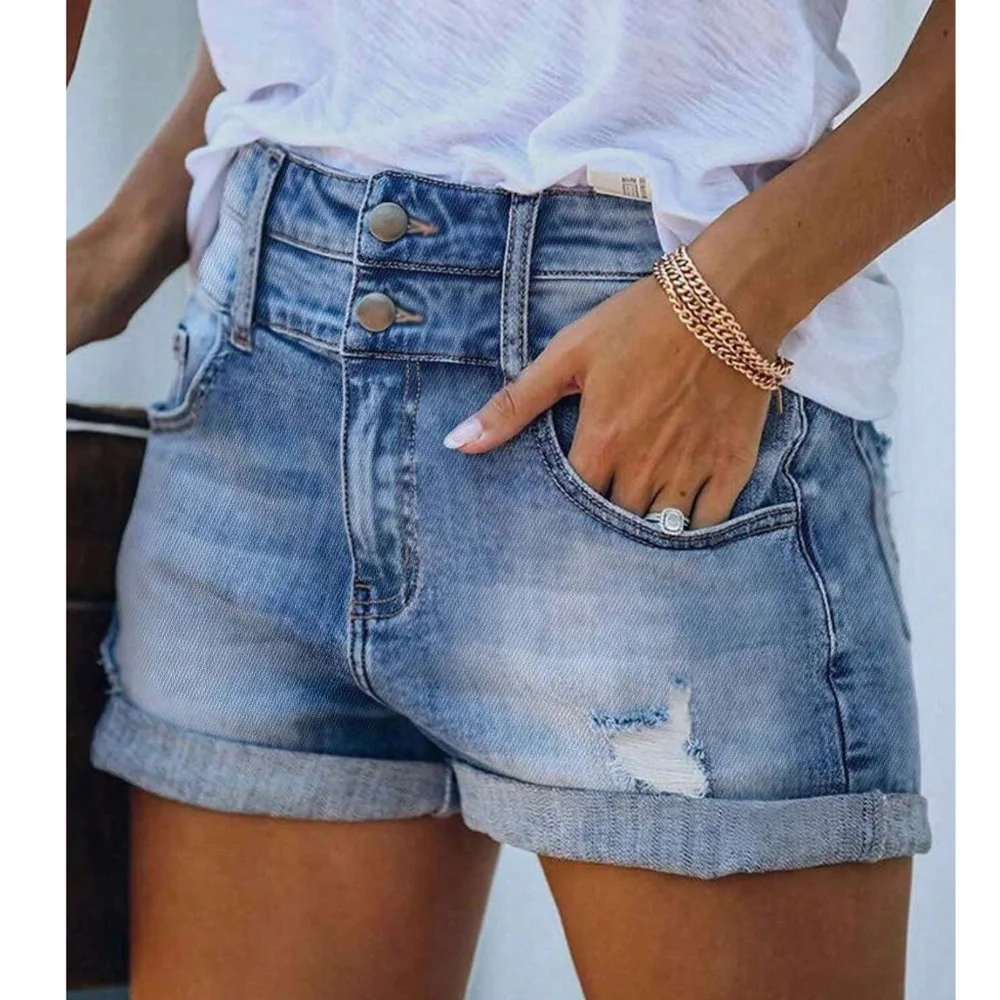 Light Wash Distressed Cuff Double Button Fly Denim Jean Shorts
